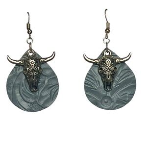 Gray Suede Tooled Silver Steer Head Dangle Western Pierced Earrings